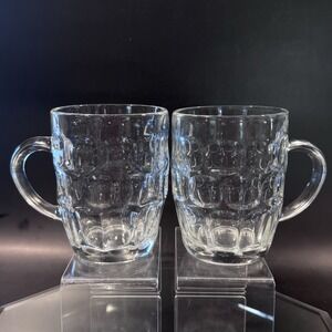 Arcoroc Clear Glass Thumbprint Barrel Beer Stein Coffee Mug Pair Made In France